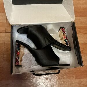 Fashion Nova Black Satin Mules with Colorful Gem Heels